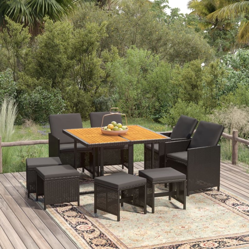 vidaXL Set da Pranzo da Giardino 9 pz con Cuscini in Polyrattan Nero vidaXL Set da Pranzo da Giardino 9 pz con Cuscini in Polyrattan Nero
