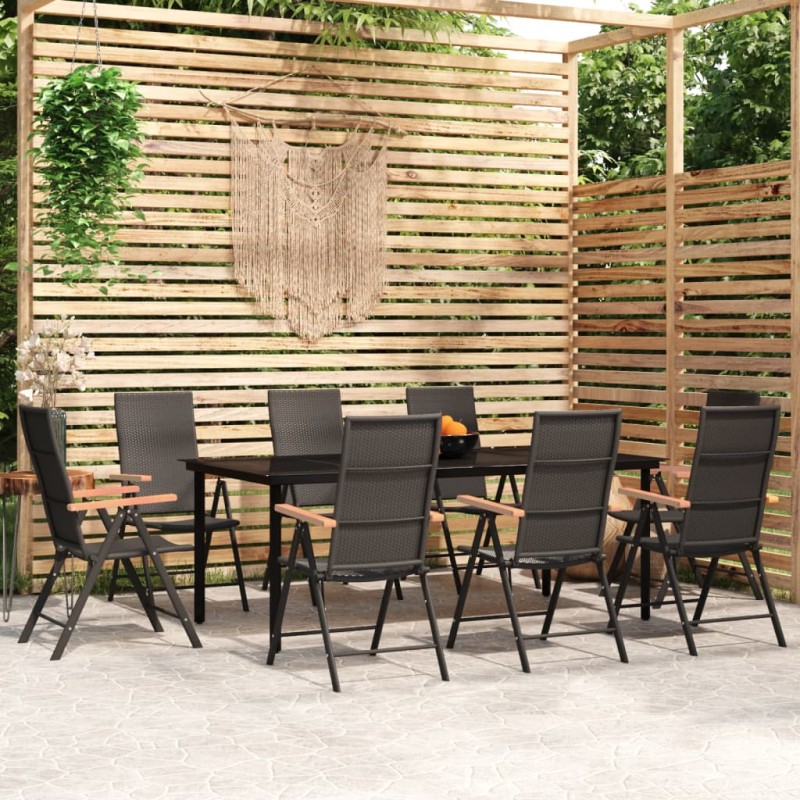 Set da Pranzo per Giardino 9 pz con Cuscini Nero Set da Pranzo per Giardino 9 pz con Cuscini Nero