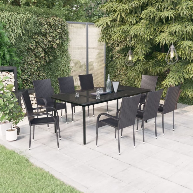 Set da Pranzo per Giardino 9 pz con Cuscini Neri Set da Pranzo per Giardino 9 pz con Cuscini Neri