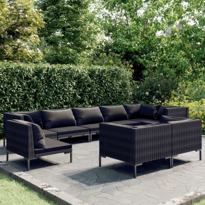 Set Divani Giardino 9pz con Cuscini Rattan Rotondo Grigio Scuro Set Divani Giardino 9pz con Cuscini Rattan Rotondo Grigio Scuro