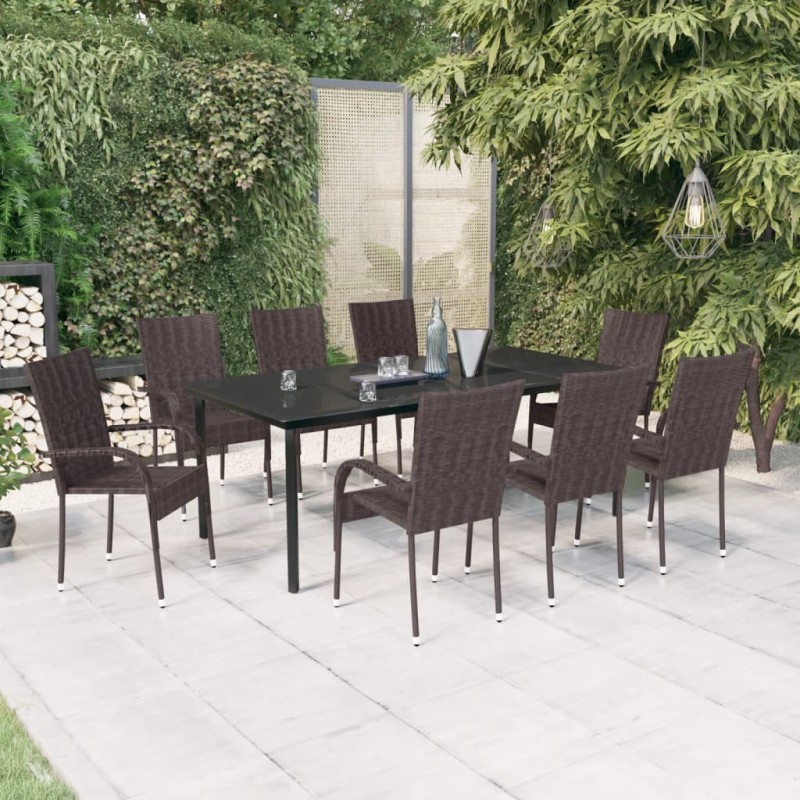 Set da Pranzo per Giardino 9 pz con Cuscini Marrone e Nero Set da Pranzo per Giardino 9 pz con Cuscini Marrone e Nero