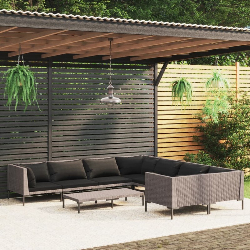 Set Divani da Giardino 9pz con Cuscini Polyrattan Grigio Scuro Set Divani da Giardino 9pz con Cuscini Polyrattan Grigio Scuro