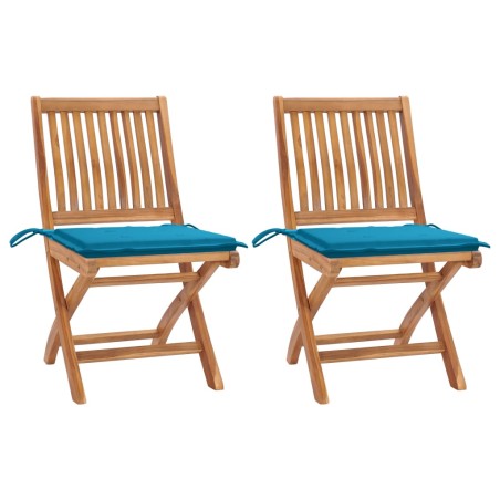 Sedie da Giardino 2 pz con Cuscini Blu in Massello di Teak