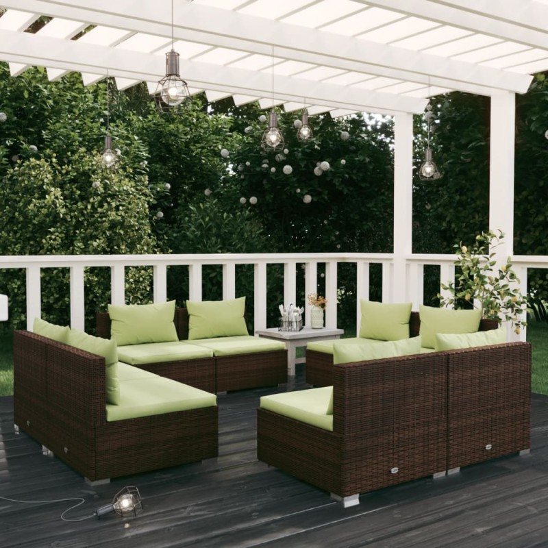 Set Divani da Giardino 8 pz con Cuscini in Polyrattan Marrone Set Divani da Giardino 8 pz con Cuscini in Polyrattan Marrone