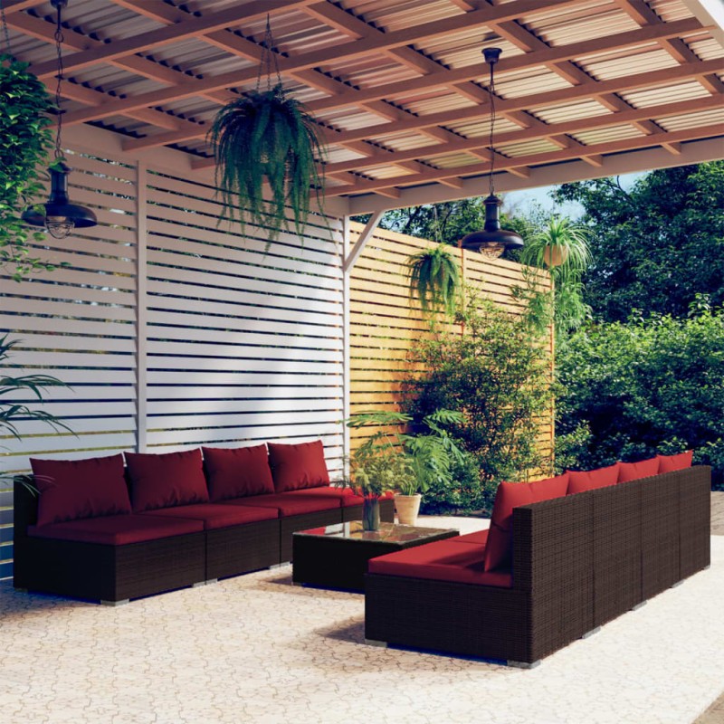 Set Divani da Giardino 9 pz con Cuscini in Polyrattan Marrone