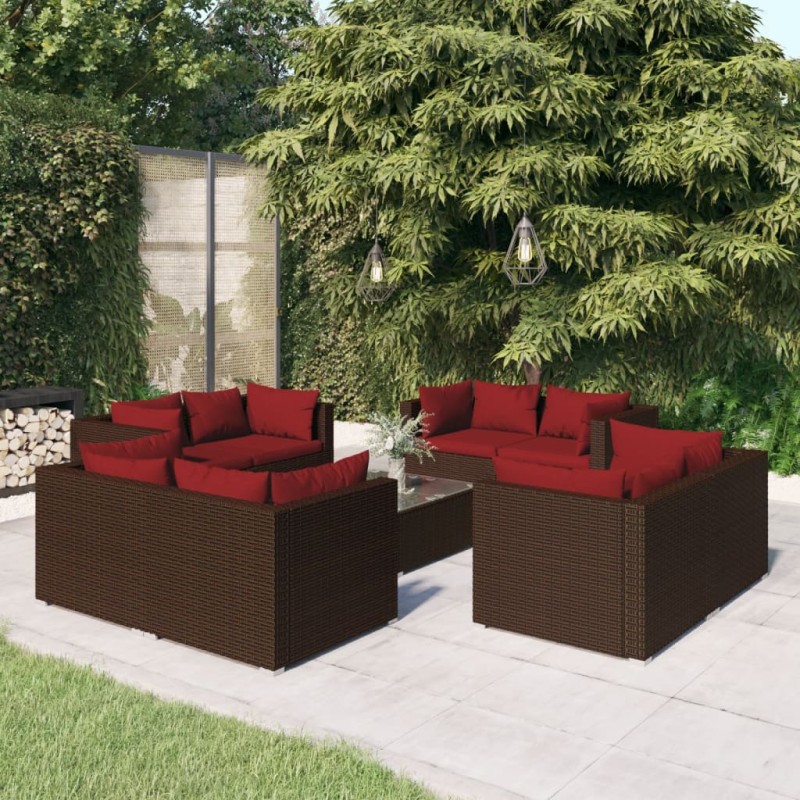 vidaXL Set Divani da Giardino 9 pz con Cuscini in Polyrattan Marrone vidaXL Set Divani da Giardino 9 pz con Cuscini in Polyrattan Marrone