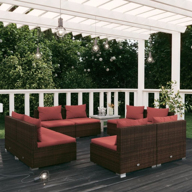 Set Divani da Giardino 8 pz con Cuscini in Polyrattan Marrone Set Divani da Giardino 8 pz con Cuscini in Polyrattan Marrone