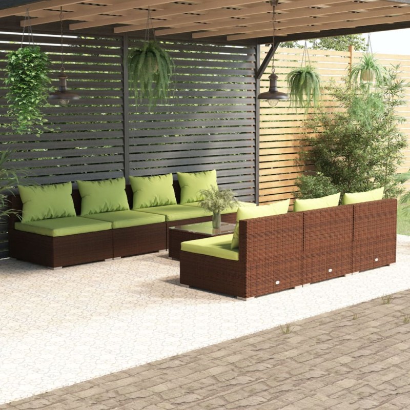 Set Divani da Giardino 8 pz con Cuscini in Polyrattan Marrone Set Divani da Giardino 8 pz con Cuscini in Polyrattan Marrone
