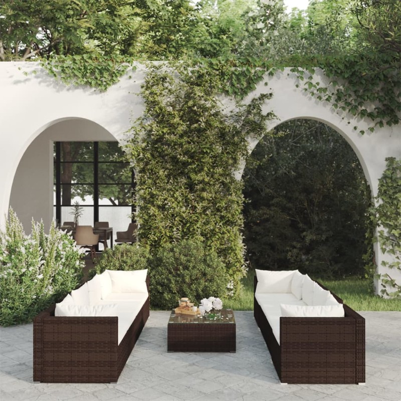 Set Divani da Giardino 9 pz con Cuscini in Polyrattan Marrone Set Divani da Giardino 9 pz con Cuscini in Polyrattan Marrone