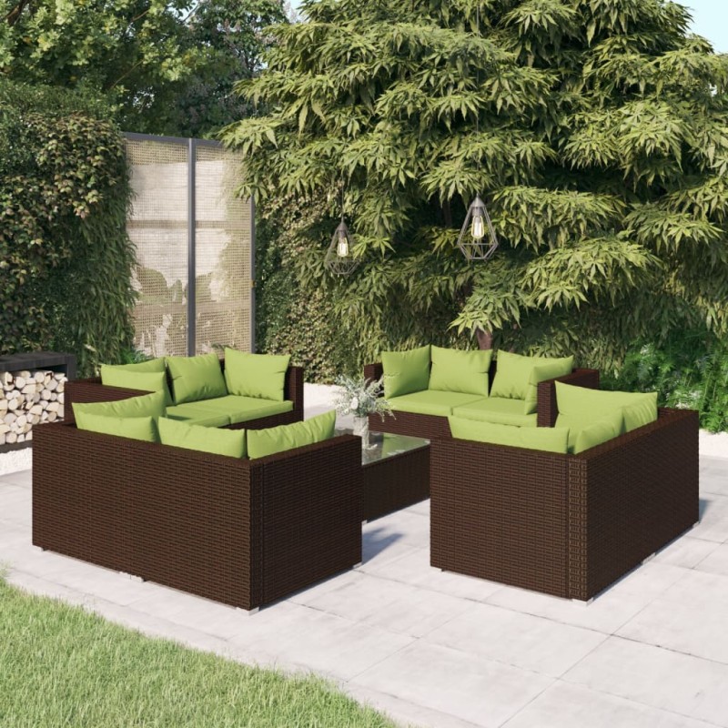 Set Divani da Giardino 9 pz con Cuscini in Polyrattan Marrone Set Divani da Giardino 9 pz con Cuscini in Polyrattan Marrone