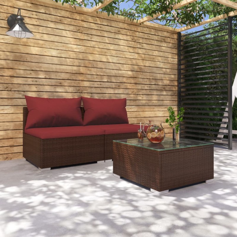 Set Divani da Giardino 3 pz con Cuscini in Polyrattan Marrone Set Divani da Giardino 3 pz con Cuscini in Polyrattan Marrone