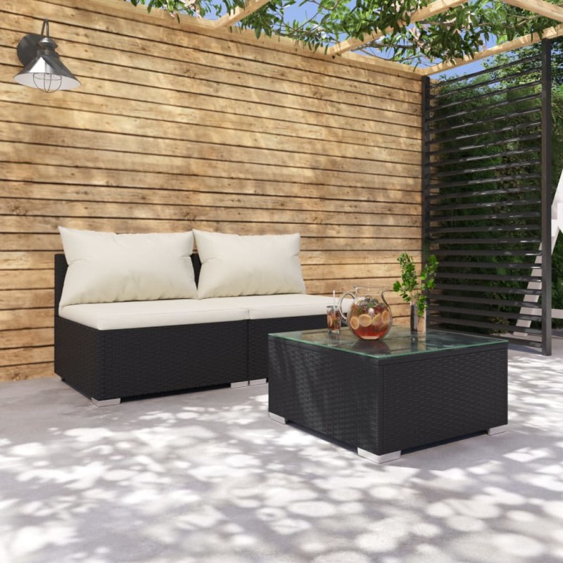 Set Divani da Giardino con Cuscini 3 pz in Polyrattan Nero Set Divani da Giardino con Cuscini 3 pz in Polyrattan Nero