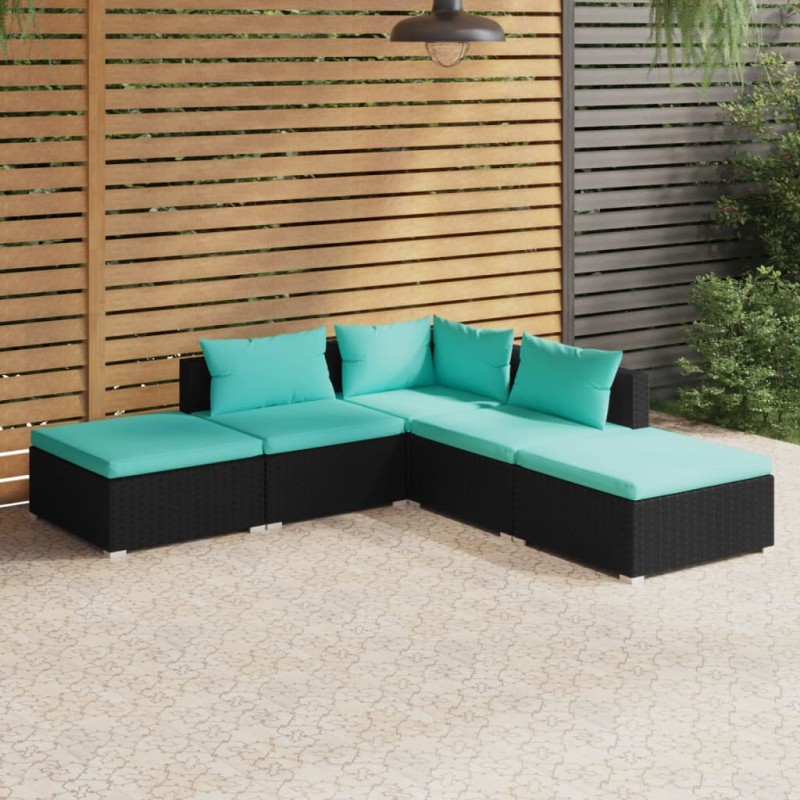 Set Divani da Giardino 5 pz con Cuscini in Polyrattan Nero Set Divani da Giardino 5 pz con Cuscini in Polyrattan Nero
