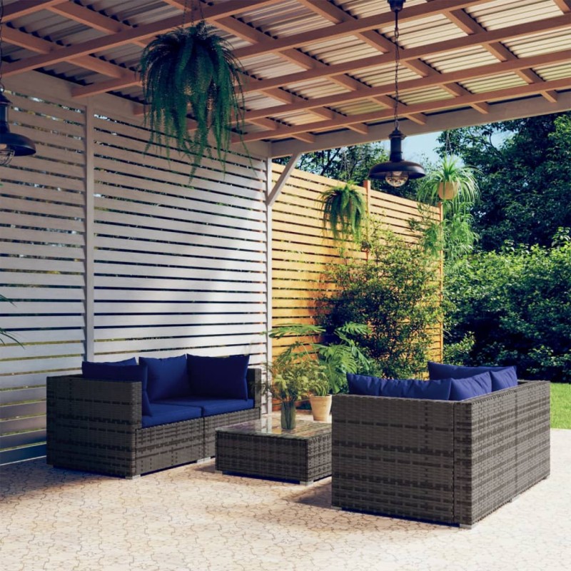 Set Divani da Giardino 5 pz con Cuscini in Polyrattan Grigio Set Divani da Giardino 5 pz con Cuscini in Polyrattan Grigio