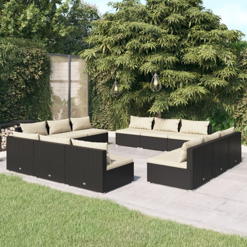 Set Divani da Giardino 12 pz con Cuscini in Polyrattan Nero Set Divani da Giardino 12 pz con Cuscini in Polyrattan Nero