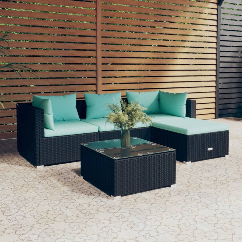Set Divani da Giardino 5 pz con Cuscini in Polyrattan Nero Set Divani da Giardino 5 pz con Cuscini in Polyrattan Nero