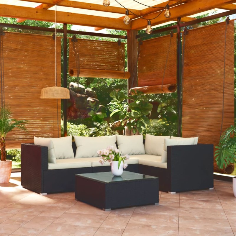 Set Salotto da Giardino 5 pz con Cuscini in Polyrattan Nero Set Salotto da Giardino 5 pz con Cuscini in Polyrattan Nero