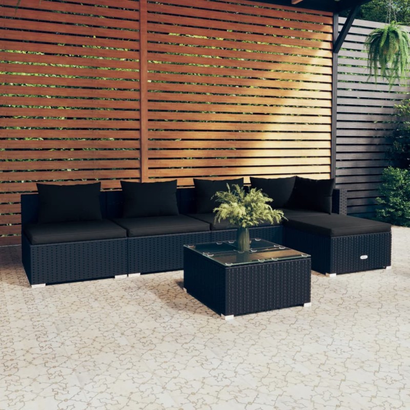 Set Salotto da Giardino 6 pz con Cuscini in Polyrattan Nero Set Salotto da Giardino 6 pz con Cuscini in Polyrattan Nero