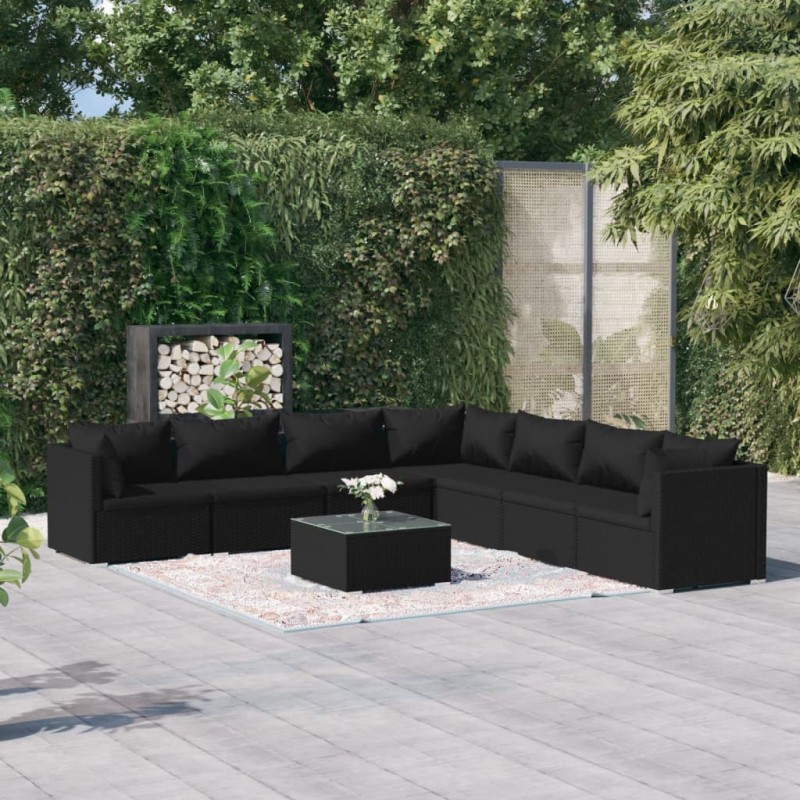 Set Salotto da Giardino 8 pz con Cuscini in Polyrattan Nero Set Salotto da Giardino 8 pz con Cuscini in Polyrattan Nero