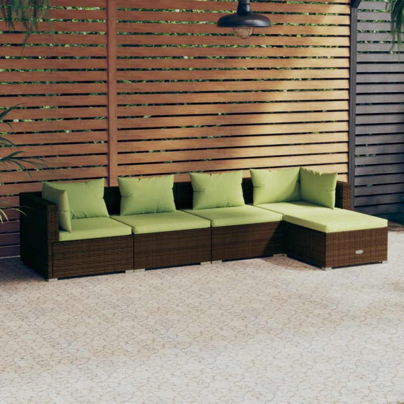 Set Divani da Giardino 5 pz con Cuscini in Polyrattan Marrone Set Divani da Giardino 5 pz con Cuscini in Polyrattan Marrone