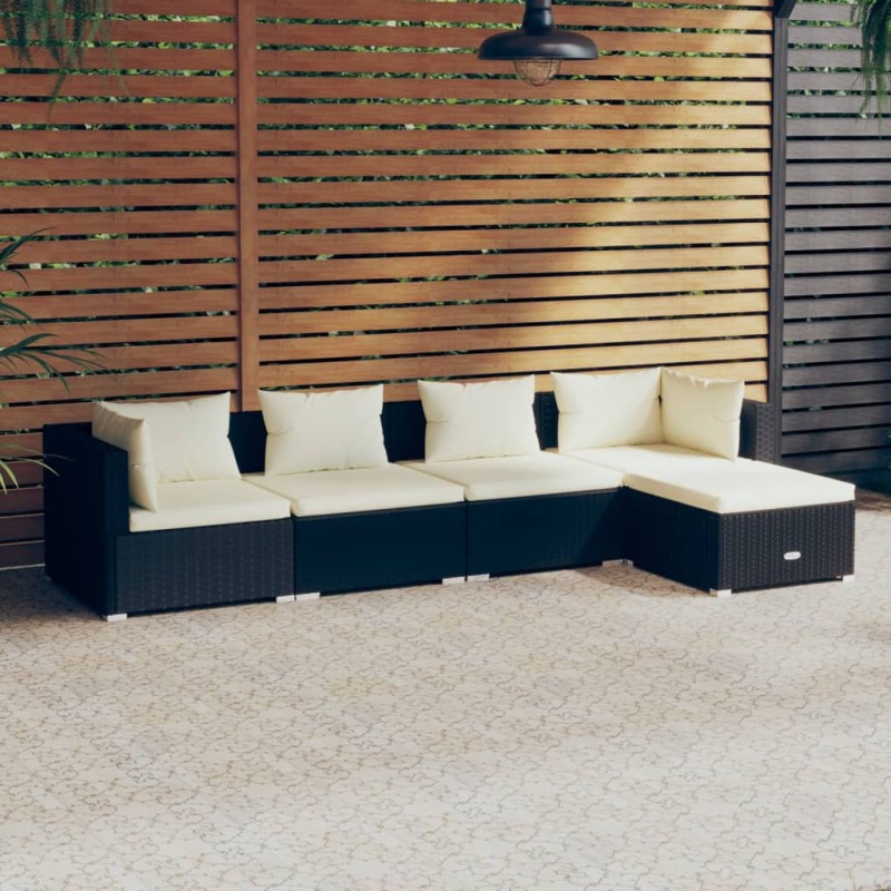 Set Salotto da Giardino 5 pz con Cuscini in Polyrattan Nero Set Salotto da Giardino 5 pz con Cuscini in Polyrattan Nero