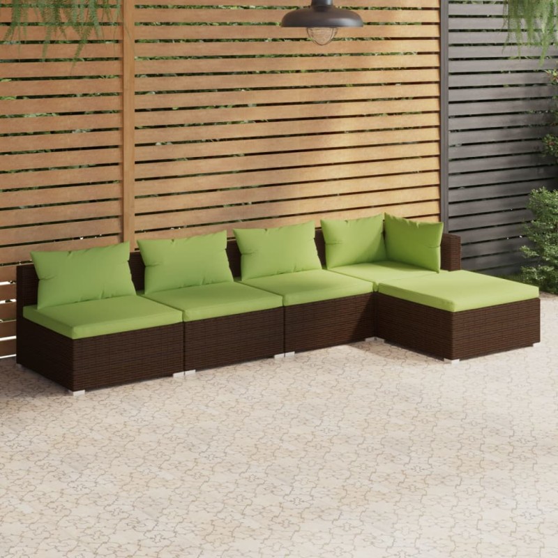 Set Divani da Giardino 5 pz con Cuscini in Polyrattan Marrone Set Divani da Giardino 5 pz con Cuscini in Polyrattan Marrone