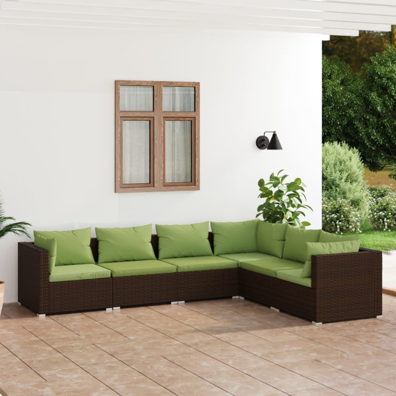 vidaXL Set Divani da Giardino 6 pz con Cuscini in Polyrattan Marrone