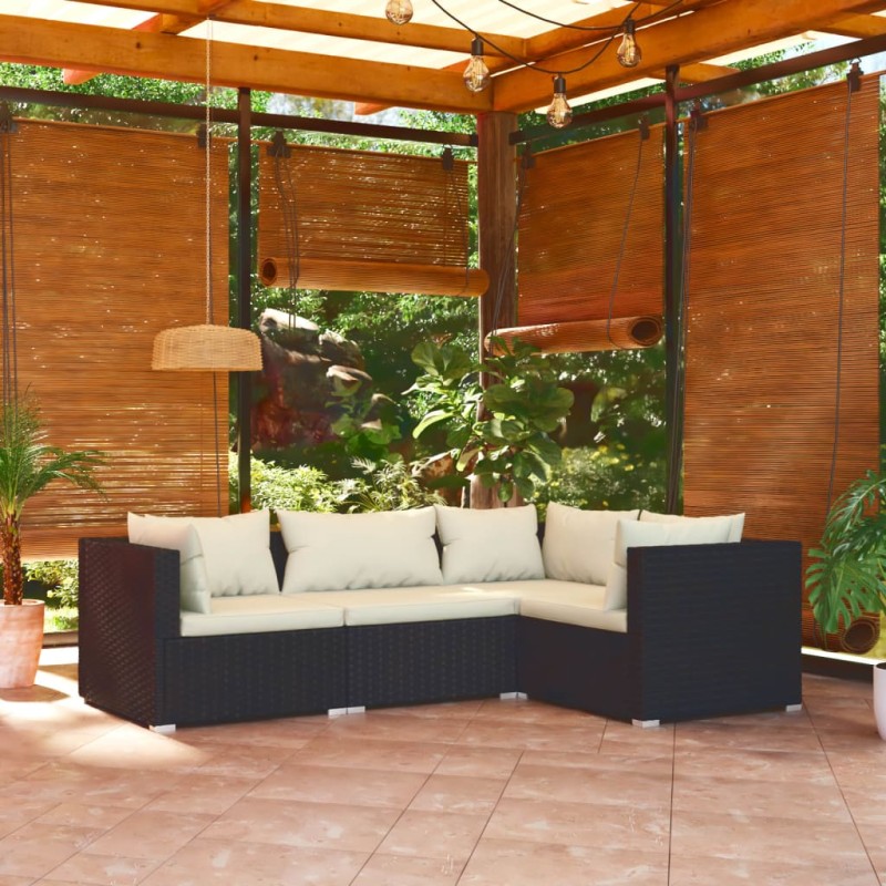 Set Divani da Giardino 4 pz con Cuscini in Polyrattan Nero Set Divani da Giardino 4 pz con Cuscini in Polyrattan Nero
