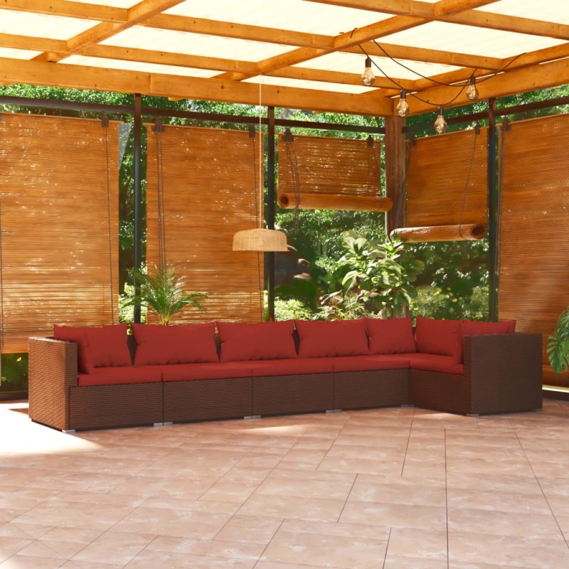 Set Divani da Giardino 6 pz con Cuscini in Polyrattan Marrone Set Divani da Giardino 6 pz con Cuscini in Polyrattan Marrone