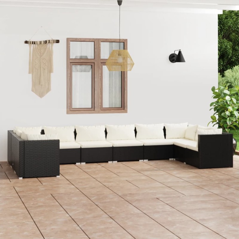 Set Divani da Giardino 10 pz con Cuscini in Polyrattan Nero Set Divani da Giardino 10 pz con Cuscini in Polyrattan Nero