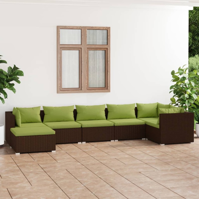 Set Divani da Giardino 7 pz con Cuscini in Polyrattan Marrone Set Divani da Giardino 7 pz con Cuscini in Polyrattan Marrone