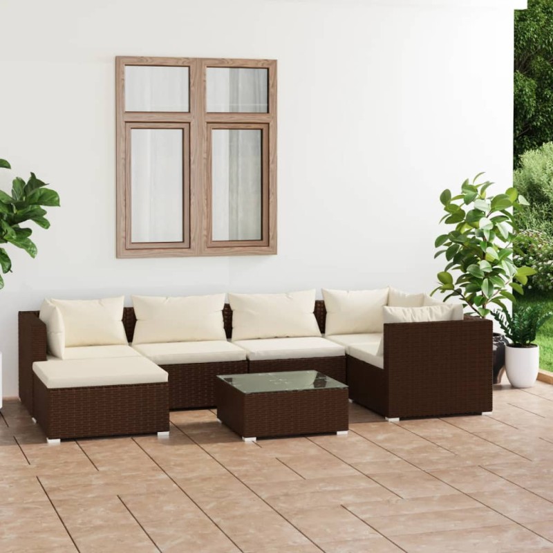 Set Divani da Giardino 7 pz con Cuscini in Polyrattan Marrone Set Divani da Giardino 7 pz con Cuscini in Polyrattan Marrone