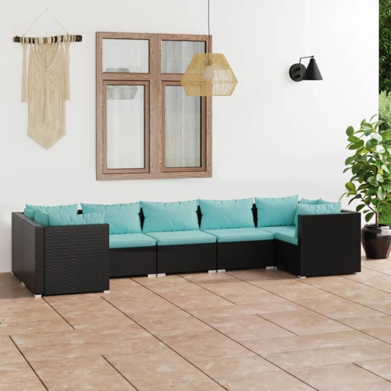 Set Divani da Giardino 7 pz con Cuscini in Polyrattan Nero Set Divani da Giardino 7 pz con Cuscini in Polyrattan Nero