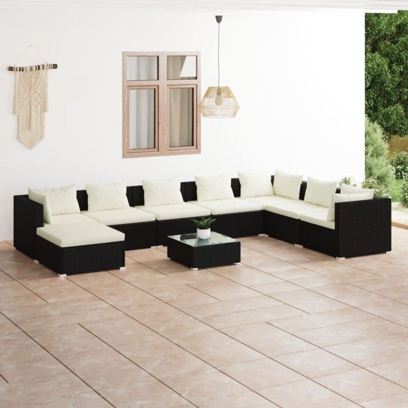 Set Salotto da Giardino 9 pz con Cuscini in Polyrattan Nero Set Salotto da Giardino 9 pz con Cuscini in Polyrattan Nero
