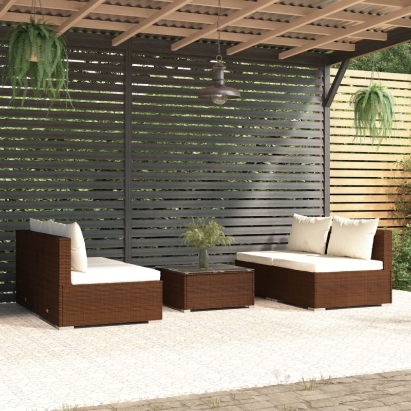 Set Divani da Giardino 5 pz con Cuscini in Polyrattan Marrone Set Divani da Giardino 5 pz con Cuscini in Polyrattan Marrone