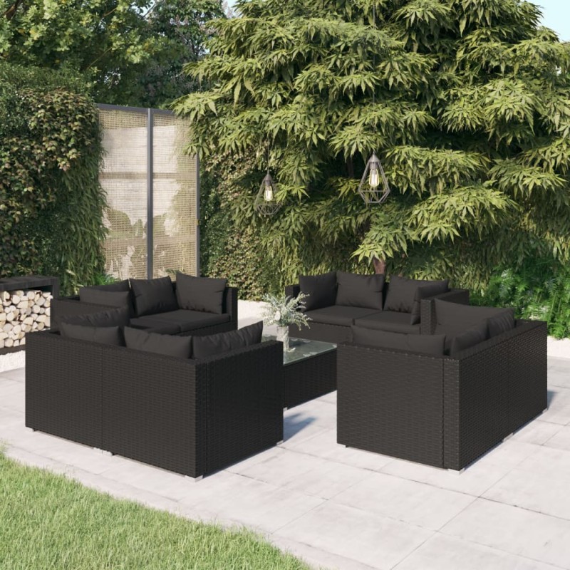 Set Divani da Giardino 9 pz con Cuscini in Polyrattan Nero Set Divani da Giardino 9 pz con Cuscini in Polyrattan Nero