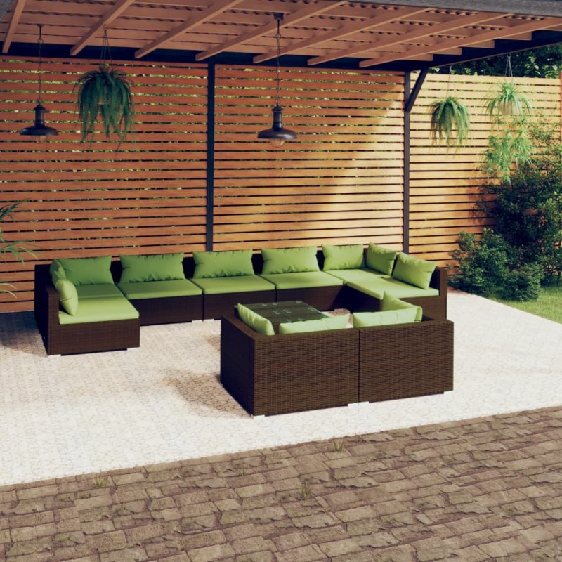 Set Divani da Giardino 10 pz con Cuscini in Polyrattan Marrone Set Divani da Giardino 10 pz con Cuscini in Polyrattan Marrone