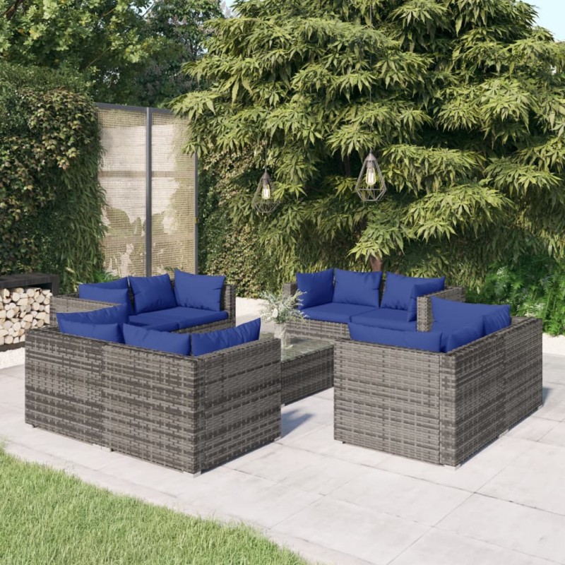 Set Divani da Giardino 9 pz con Cuscini in Polyrattan Grigio Set Divani da Giardino 9 pz con Cuscini in Polyrattan Grigio