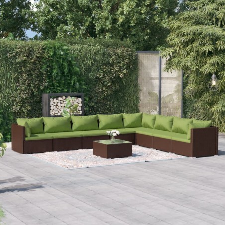vidaXL Set Divani da Giardino 9 pz con Cuscini in Polyrattan Marrone