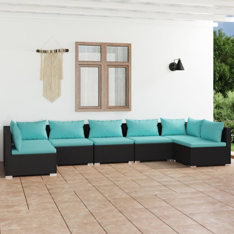 Set Divani da Giardino 7 pz con Cuscini in Polyrattan Nero Set Divani da Giardino 7 pz con Cuscini in Polyrattan Nero