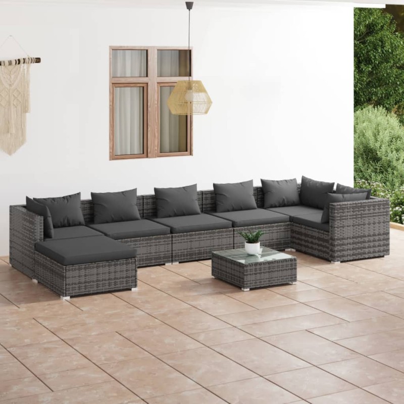Set Divani da Giardino 8 pz con Cuscini in Polyrattan Grigio Set Divani da Giardino 8 pz con Cuscini in Polyrattan Grigio