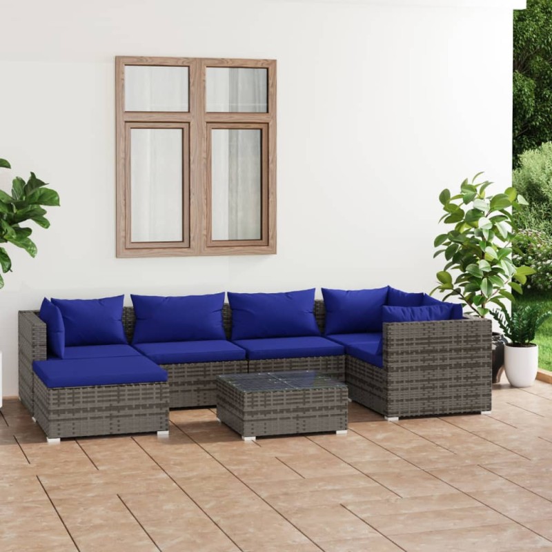 Set Divani da Giardino 7 pz con Cuscini in Polyrattan Grigio Set Divani da Giardino 7 pz con Cuscini in Polyrattan Grigio