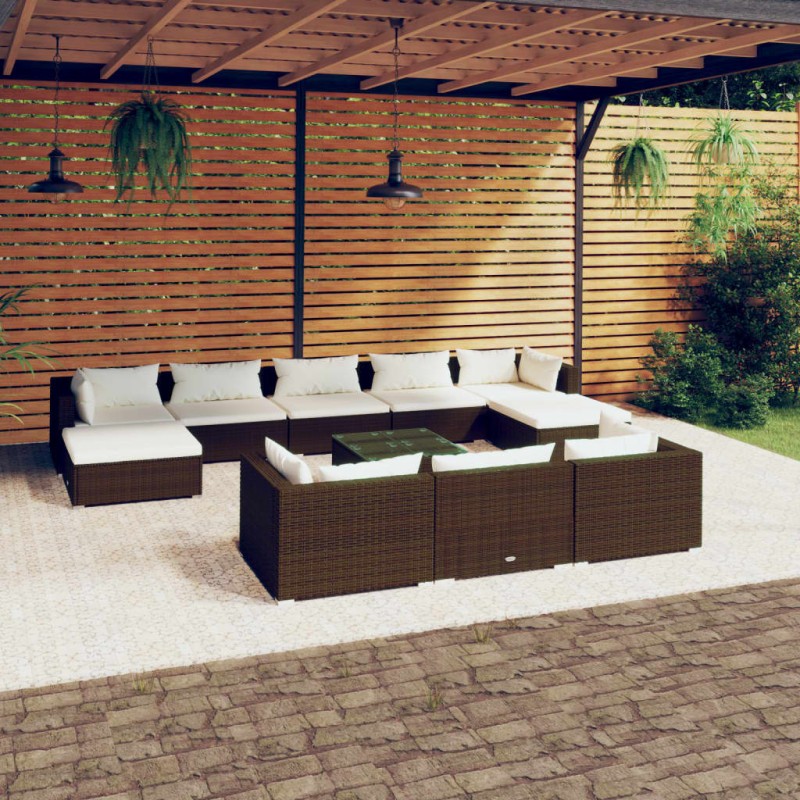 Set Divani da Giardino 11 pz con Cuscini in Polyrattan Marrone Set Divani da Giardino 11 pz con Cuscini in Polyrattan Marrone