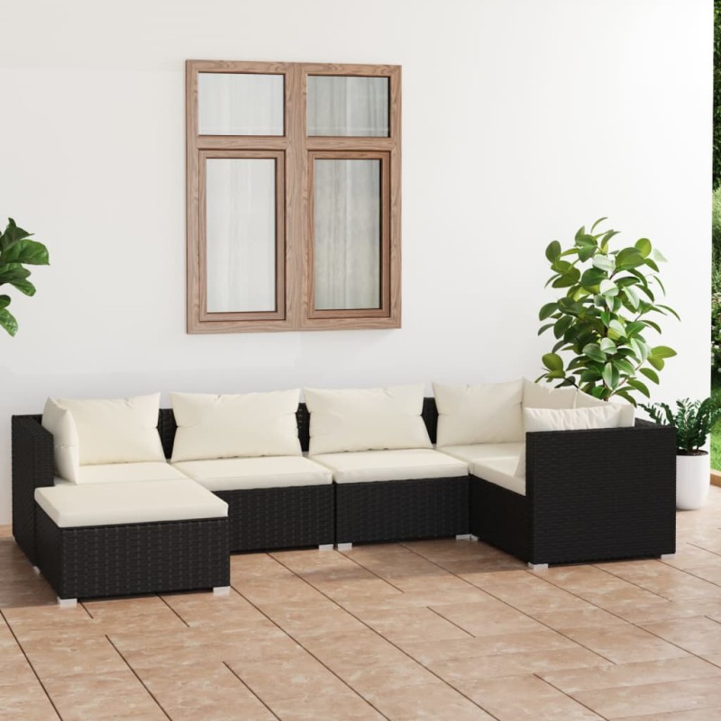 Set Divani da Giardino 6 pz con Cuscini in Polyrattan Nero Set Divani da Giardino 6 pz con Cuscini in Polyrattan Nero