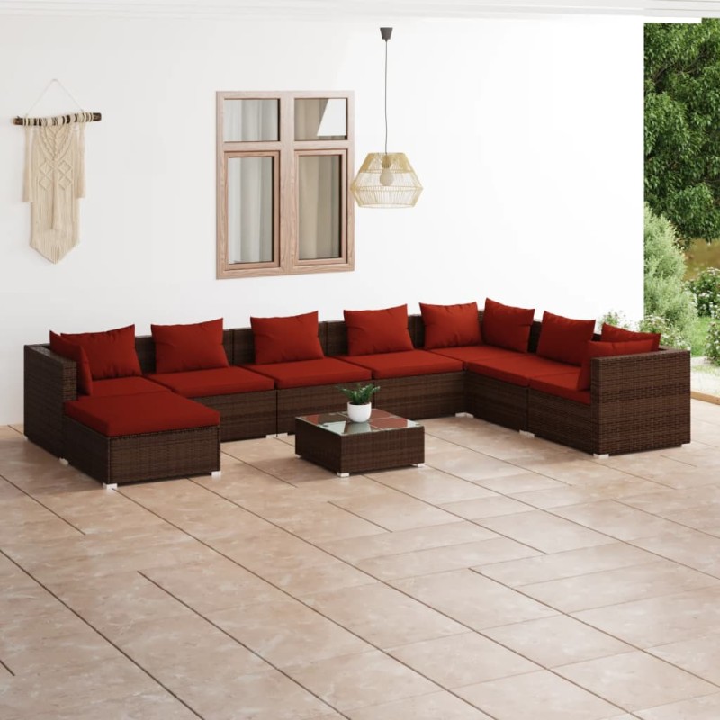 Set Divani da Giardino 9 pz con Cuscini in Polyrattan Marrone Set Divani da Giardino 9 pz con Cuscini in Polyrattan Marrone