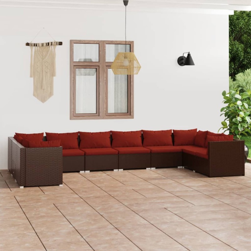 Set Divani da Giardino 10 pz con Cuscini in Polyrattan Marrone Set Divani da Giardino 10 pz con Cuscini in Polyrattan Marrone
