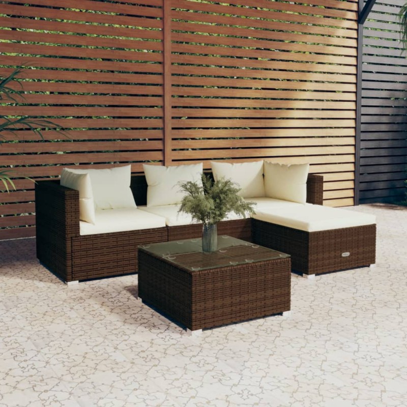 Set Divani da Giardino 5 pz con Cuscini in Polyrattan Marrone Set Divani da Giardino 5 pz con Cuscini in Polyrattan Marrone