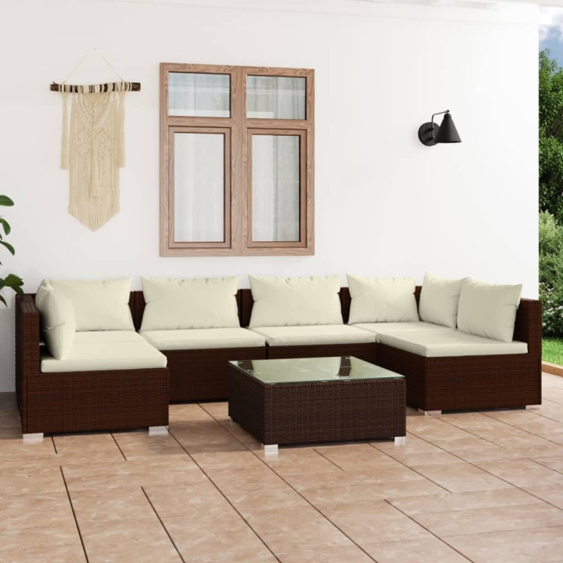 Set Divani da Giardino 7 pz con Cuscini in Polyrattan Marrone Set Divani da Giardino 7 pz con Cuscini in Polyrattan Marrone
