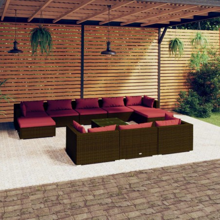 vidaXL Set Divani da Giardino 11 pz con Cuscini in Polyrattan Marrone