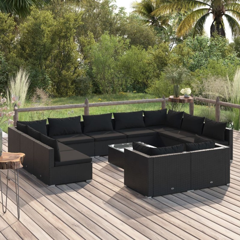 Set Divani da Giardino 12 pz con Cuscini in Polyrattan Nero Set Divani da Giardino 12 pz con Cuscini in Polyrattan Nero